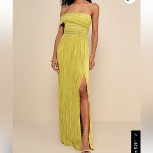 Lulus Poised Performance Chartreuse Plisse One-Shoulder Maxi Dress Green Lime L